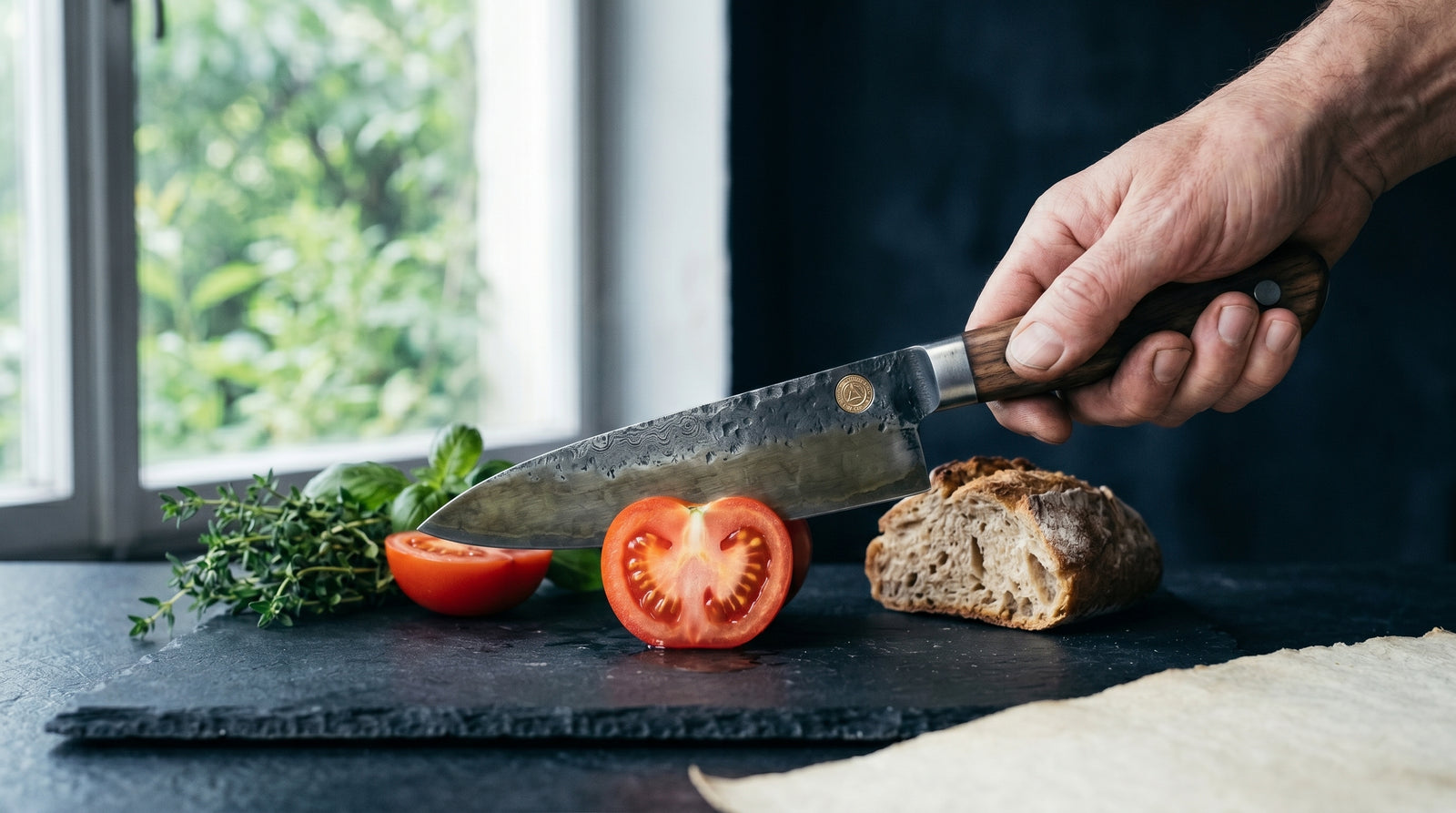 Die Esse Nº 04 im Schnitt durch eine reife Tomate auf cool slate Küchenarbeitsplatte, mit Sauerteigbrot und frischen Kräutern neben, in natürlichem Vormittagslicht