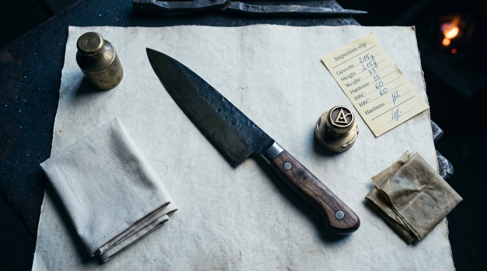 Esse Nº 04 in einer Werkstatt-Flatlay mit Manufaktur-Inspektionsschein, brass Manufaktur-Stempel und gefalteten Geldscheinen auf cremefarbenem Papier